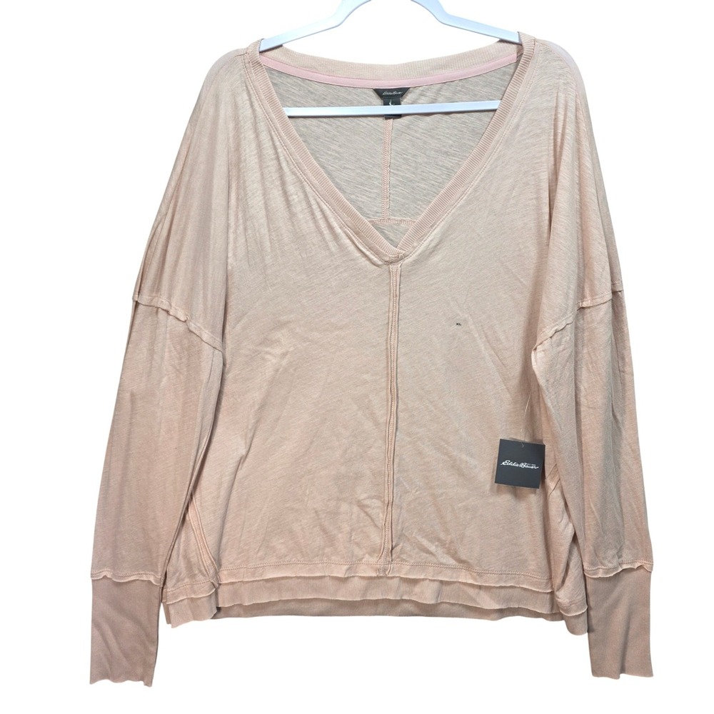 New Eddie Bauer Vneck Top Shirt Womens XL Raw Seams Long Sleeve Pink Gorpcore